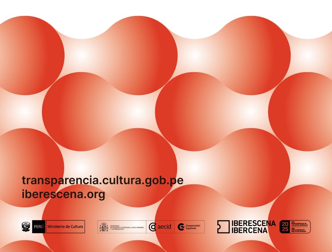 Imagen de varias hileras de círculos color naranja, unidos por espacios curvos en los que ese color se difumina hasta el blanco, semejando bombillas de luz. En la parte izquierda se lee transparencia.cultura.gob.pe.iberescena.org. En la franja inferior aparecen los logotipos del Ministerio de Cultura de Perú, AECID e IBERESCENA.
